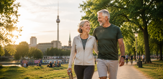 Ein älteres gesundes und fittes Paar läuft nach eine Longevity-Beratung glücklich durch Berlin