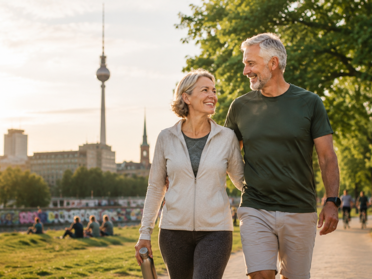 Ein älteres gesundes und fittes Paar läuft nach eine Longevity-Beratung glücklich durch Berlin